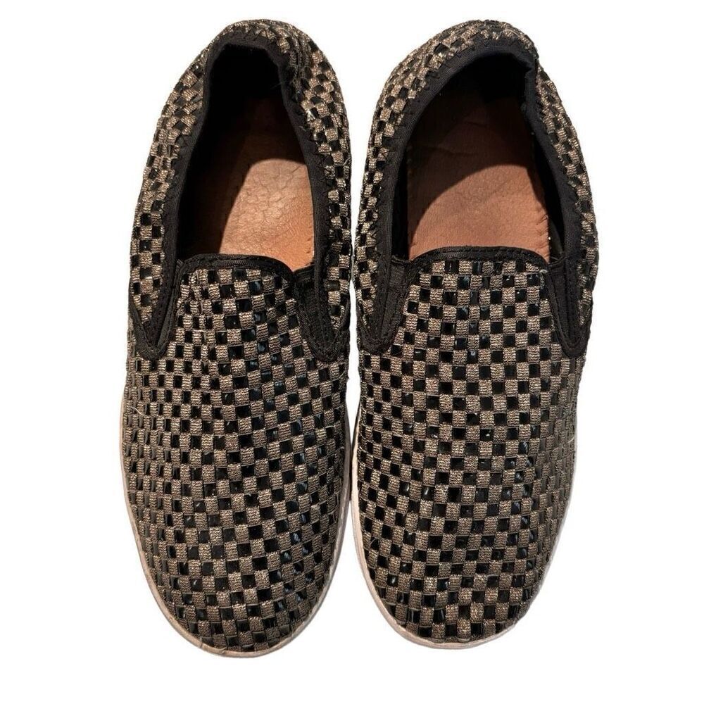 Bernie Mev Venice Woven Checkered Casual Slip On Shoes Gold & Black Size 10